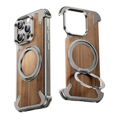 For iPhone 15 14 Pro Max Case 360°Rotating Magnetic Magsafe Car Phone Holder Walnut Wood Metal alloy framework Protective cover