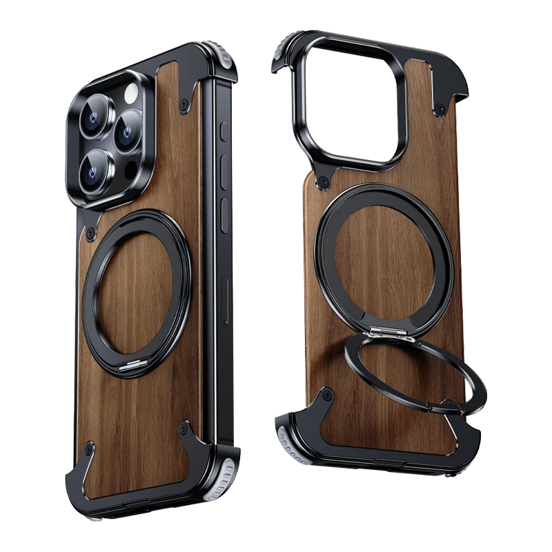 For iPhone 15 14 Pro Max Case 360°Rotating Magnetic Magsafe Car Phone Holder Walnut Wood Metal alloy framework Protective cover