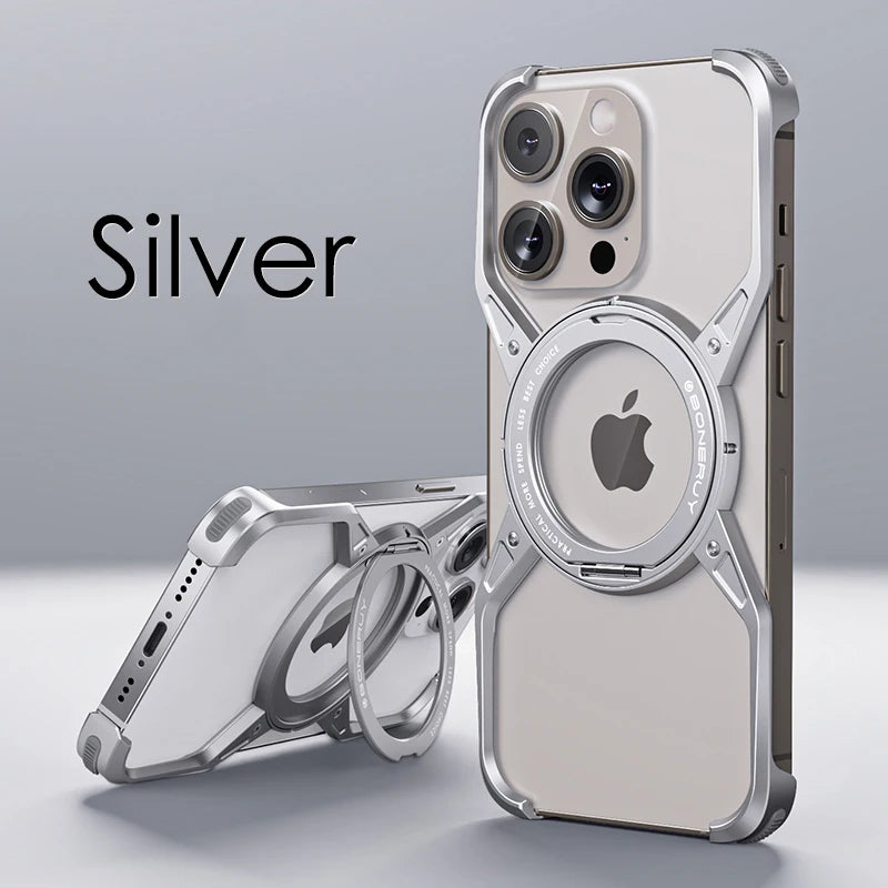 Luxury 360° Rotation Magnetic Stand Metal Phone Case For iPhone 13 14 15 Pro Max Aluminum Alloy Rimless Shockproof Bumper Cover