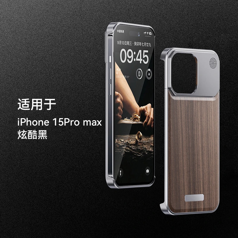 Luxury Metal Wooden Phone Case For iPhone 14 15 Pro Max 15 Borderless cooling Aromatic Phone Cover Walnut Wood Metal frame Funda